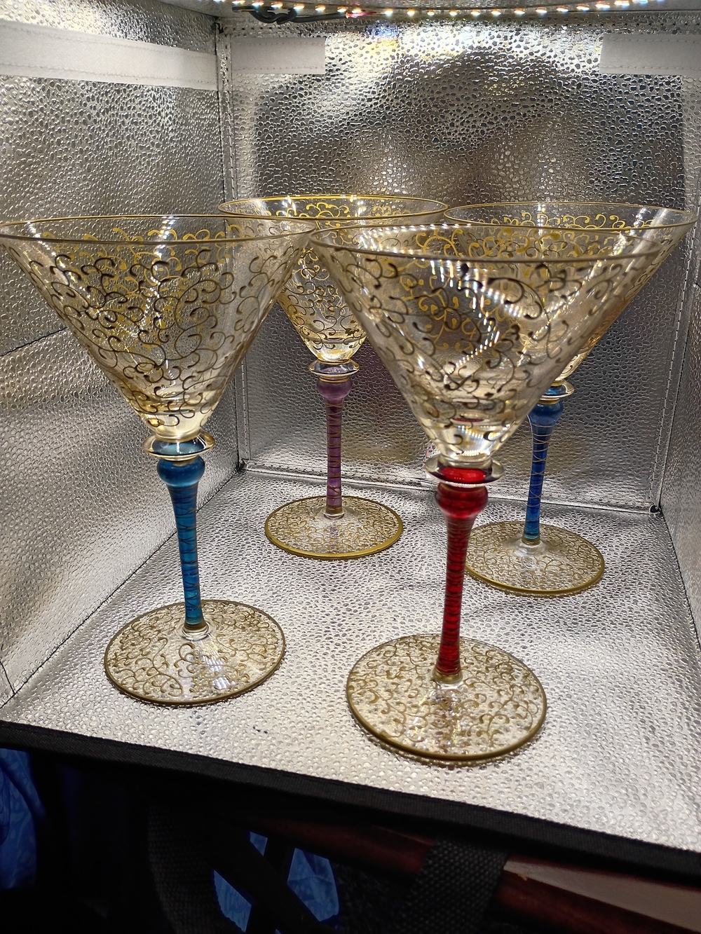 Hand-Painted Gold Filigree  Martini Glasses with Colored Stems - Set of 4